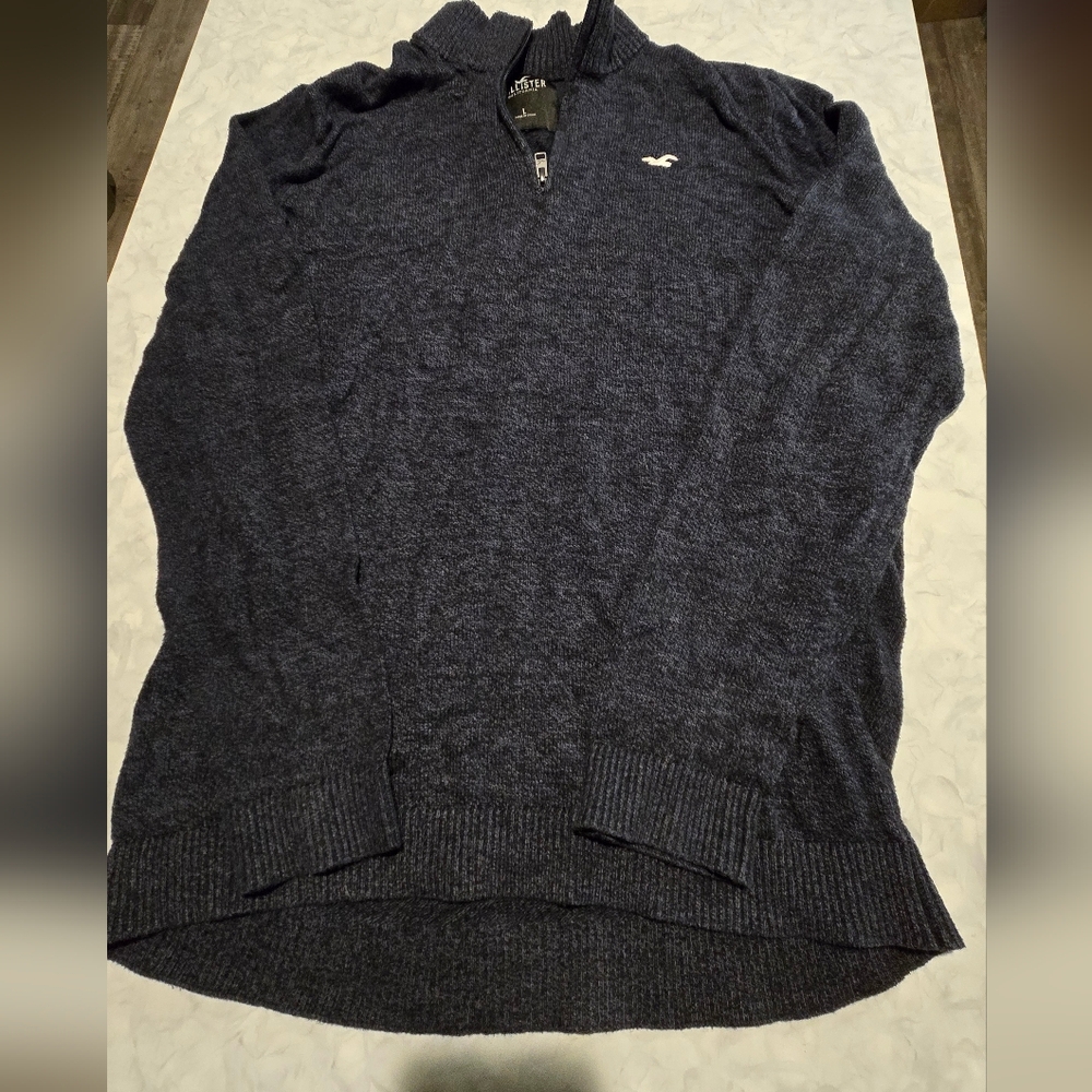 Hollister Men's Navy Knit Zip Up Crew Neck Sweater With Logo Size Large